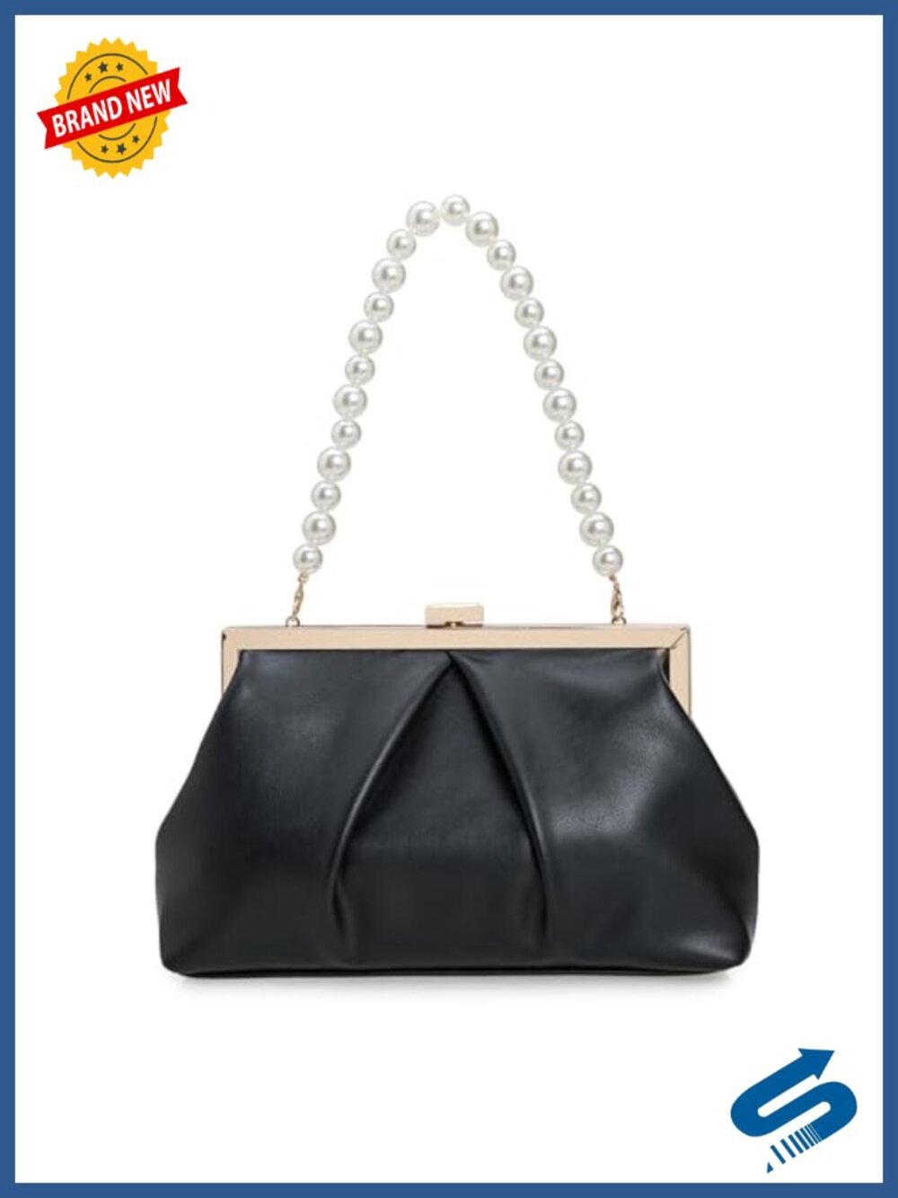 Faux Leather Ruched Clutch Evening Bag Metal Frame Pearl Strap